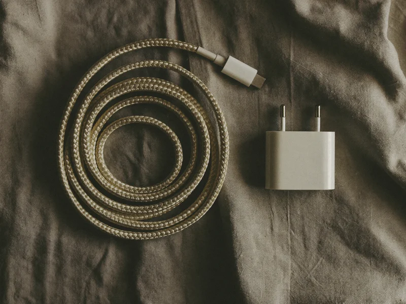 Cablu textil împletit lângă un încărcător ceramic mic, pe in șifonat